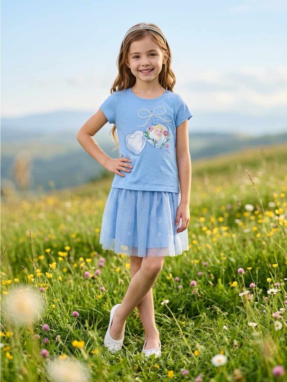 Disney Girls Light Blue Graphic Tee and Sparkle Tulle Skirt Set